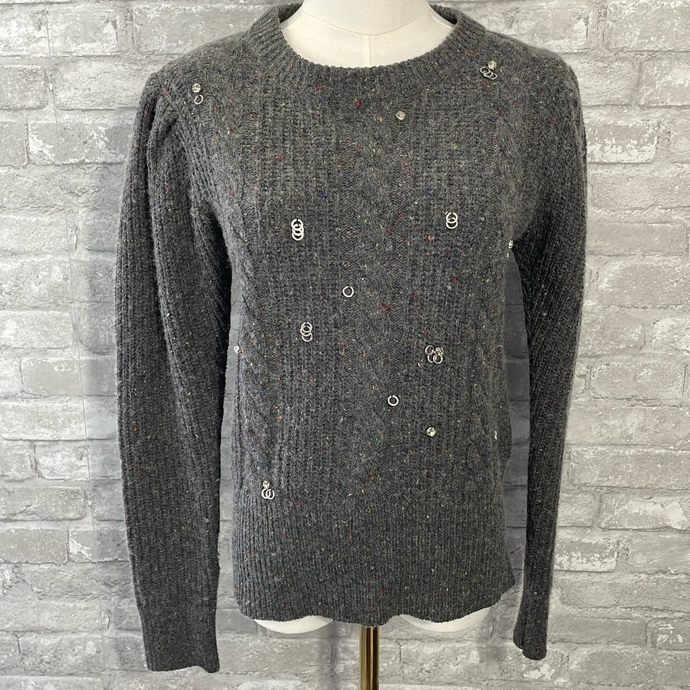 Something Navy Wool Puff Sleeve Speckled Crewneck Sweater